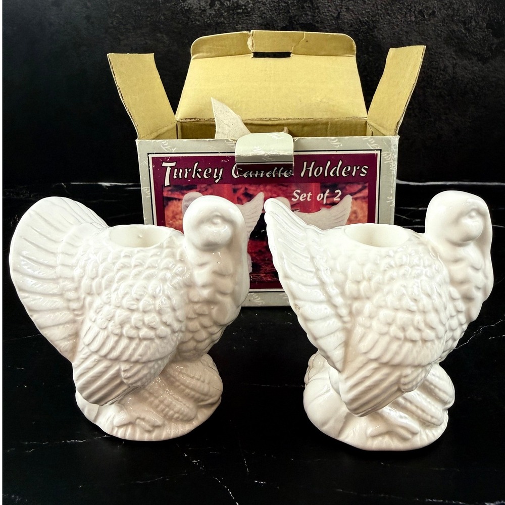 Vintage NIB 1995 Set of TWO Westwood Ceramic Turkey Candle Holders 3.5"